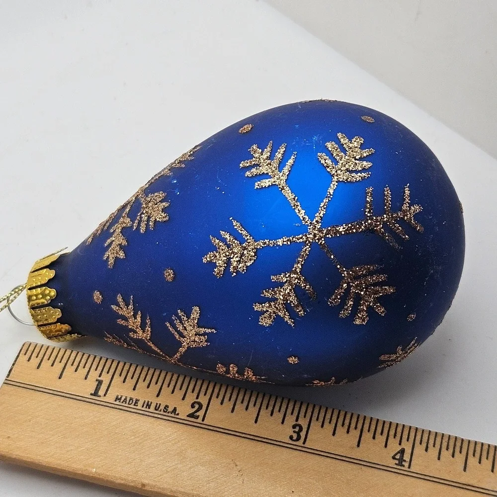 Vintage Blue Glass Teardrop Christmas Ornament Gold Glitter Snowflake Holiday